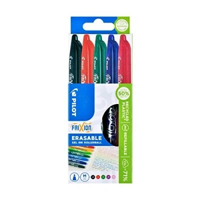 Image of Pilot Frixion Erasable Rollerball, 0.7 mm Black/Red/Green/Purple/Pink, Pack of 5