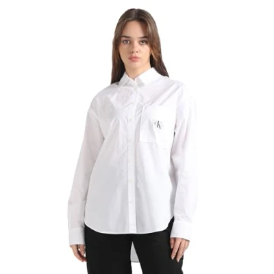 Image of Calvin Klein Jeans Women&#039;s Woven Label Relaxed Shirt J20J222610 Tops, Bright White, S