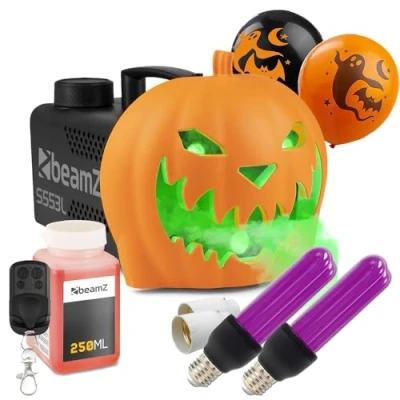Image of beamz halloween Lighting Kit with S553L Pumpkin Fogger &amp; 2x Blacklight UV Bulbs for Ultimate Decorations Perfect Spooky decorations, Props, and Party Lights smoke machine