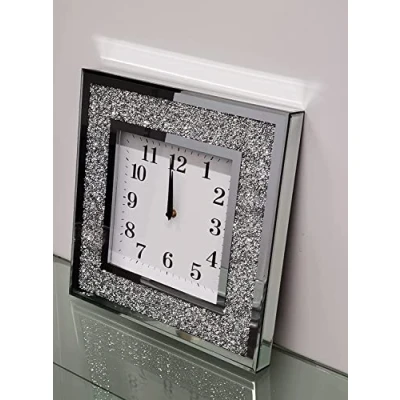 Image of Biznest Square NUMBER Analogue 40x40cm SILVER CRUSHED CRYSTAL DIAMOND FILLED SPARKL WALL CLOCK