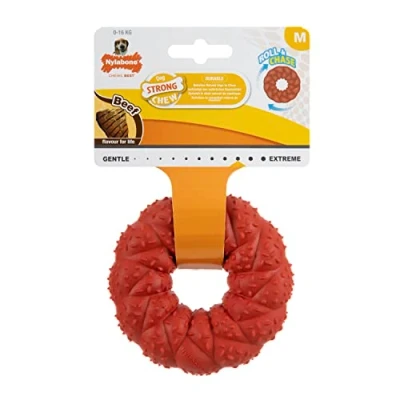 Image of Nylabone Strong Natural Rubber Dog Chew Toy, Bouncy, Beef Flavour, Medium,for dogs 0 16kg