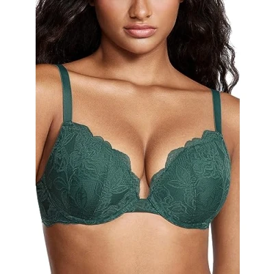 Image of DOBREVA Women&#039;s Push Up Lace Bra Sexy Plunge Padded Underwire Support Bras Lift Midnight Emerald 34DD