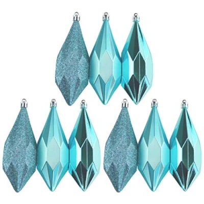 Image of 9 Large Geo Ice Blue Christmas Tree Tear Drop 13cm Baubles Decorations