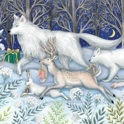Image of Christmas Cards Pack of 5 Woodland Animals Artistic Forest Scene Dashing Through the Snow by Catherine Rowe Made in UK Eco Friendly