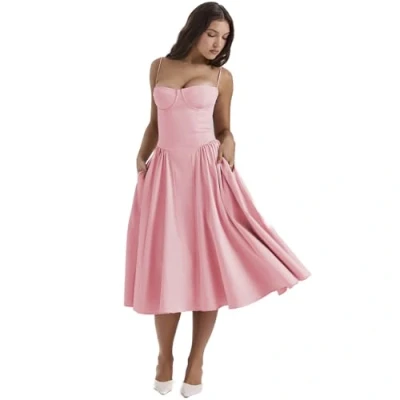 Image of Sleeveless Corset Fit Midi Dress Spaghetti Strap Sundress Solid Color Print Bustier High Waist A Line with Pockets (Pink,L)