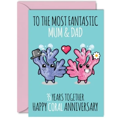 Image of Cute Coral Anniversary Card for Mum &amp; Dad 35 Years Together Happy 35th Wedding Cards Mum, A5 Greeting Thirty Fifth Anniversaries
