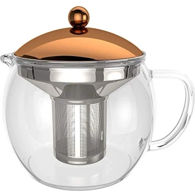 Image of bonVIVO TEMPA Tea Infuser with Removable Stainless Steel Strainer, Maker for Loose Leaf Tea, Heat Resistant Borosilicate Glass Teapot Lid in Copper Finish, 50 oz.