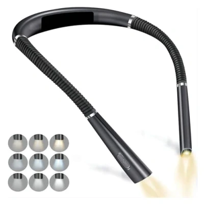 Image of LED Neck Reading Light, Book Light for in Bed, 3 Colors, 6 Brightness Levels, Bendable Arms, Rechargeable, Long Lasting, Perfect Reading, Knitting, Camping, Repairing (Color : Black)