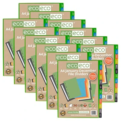 Image of eco A4 50% Recycled Multipunched Reinforced Colour January December Subject Index File Dividers 200mic (Pack of 12), eco081x12