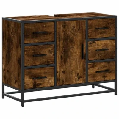 Image of vidaXL Bathroom Sink Cabinet Smoked Oak Engineered Wood and Metal Frame 80x33x60 cm Modern Vanity with Ample Storage Space