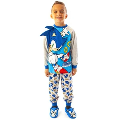Image of Sonic THE HEDGEHOG Pyjamas For Boys Kids Character Costume Blue &amp; Grey PJs Game T Shirt Trousers Merchandise Gifts 5 6 Years