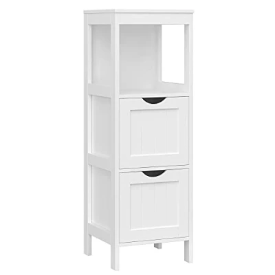Image of VASAGLE Chest Corner Bedside Table Medicine Cabinet Shelf Storage for Bathroom Wooden 1 Open Compartment 2 Drawers Feet Country House Style White BBC42WT, Engineered Wood, 30 x 89 cm