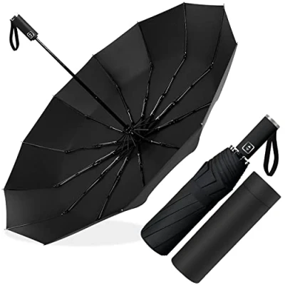 Image of Poligono Umbrella, Wind Resistant Compact Travel Folding Umbrellas, Umbrella Windproof Strong,12 Ribs Splints for Men Women, Diameter 105 cm, Black