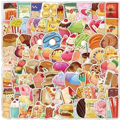 Image of 100 Pcs Snacks Stickers for Kids Teens Adults Boys Girls Gift,Stickers Pack Laptop,Skateboard,Luggage,Car,Bike, Cup,Computer,Water Bottle Decor,Snacks Vinyl Waterproof Sticker Decals