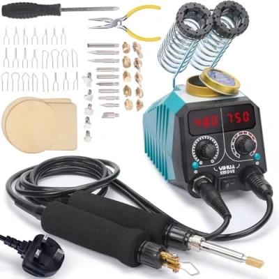 Image of YIHUA 939D VII Pyrography Tool Wood Burning Pen Kit Station 2 in 1 Solid Point 200 480C (with Temp Display)/Wire Nib 250 750C with 23 Nibs, 25 Points, 4 Woodpieces