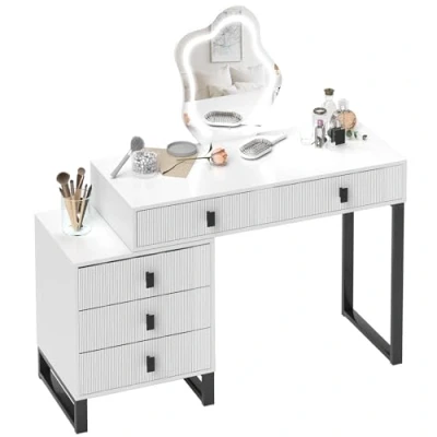 Image of HOMCOM LED Lighted Dressing Table with Leaf Shape Mirror, Modern Vanity Desk 5 Drawers, Makeup Fluted Panels, White
