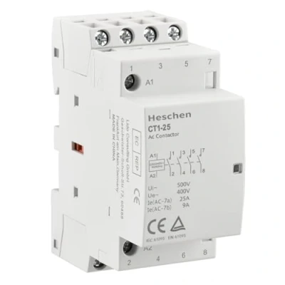 Image of Heschen Household AC Contactor, CT1 25, 4 Pole Four Normally Open, 220V/240V Coil Voltage, 35 mm DIN Rail Mount