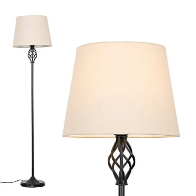 Image of MiniSun Traditional Style Black Barley Twist Floor Lamp with a Beige Tapered Light Shade