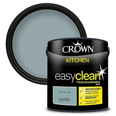 Image of 2.5L CROWN Easyclean Kitchen MATT Emulsion Multi Surface Paint With GREASEGUARD+ That can be Used on Walls, Ceilings, Wood and Metal. Stain &amp; Scrub Resistant Formula Simply Duck Egg