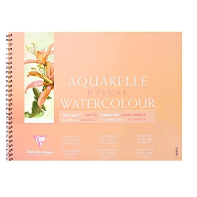 Image of Clairefontaine Ref 96071C Etival Cold Pressed Wirebound Watercolour Painting &amp; Drawing Pad (12 Sheets of Paper) 24 x 30cm 300gsm Cellulose Art Paper