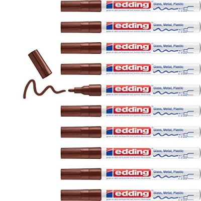 Image of edding 751 gloss paint marker brown 10 markers round tip 1 2 mm pen for glass, pebbles, wood, plastic, paper waterproof, high coverage