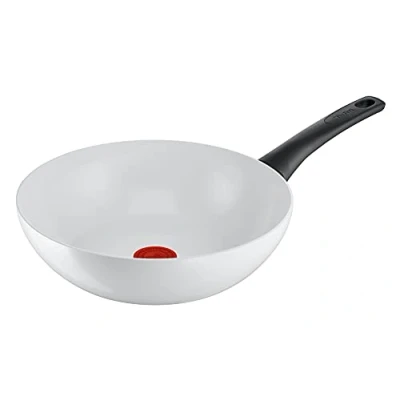 Image of Tefal C41719 Ceramic Control Wok Pan 28 cm Safe Seal Thermo Signal Temperature Indicator Easy Cleaning Suitable for Induction Cookers White