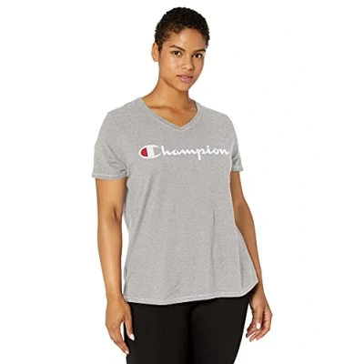 Image of Champion Women&#039;s Plus Jersey V Neck Tee, Script Logo T Shirt, Oxford Gray y07245, XXL