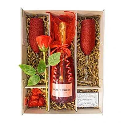 Image of Bollinger Special Cuvée Champagne Christmas Day Gift Set Hamper 75cl With Red Flutes, Rose, Belgian Heart Chocolates and Box Lovers For Women Men (Bollinger)