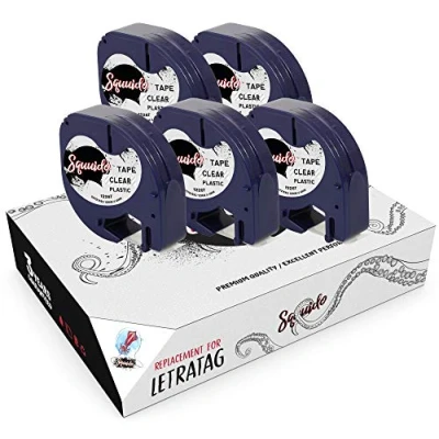 Image of Squuido 5 Black on Transparent Plastic Tapes 12mm x 4m Compatible with LetraTag LT 100H 100T 110T Plus 2000 QX50 XR XM