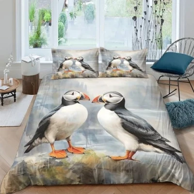 Image of ZHUICHENG Puffin 3D Printed Duvet Cover Set 3 Pieces Soft Microfiber Two Puffins Quilt with Pillowcases And Zipper Closure for Girls Boys Children Comforter Bedding Double（200x200cm）