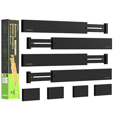 Image of ANTOWIN 8PCS Bamboo Drawer Dividers, Separators Splitter, 43 56CM Long Adjustable Spring loaded Organizer for Large Utensil, Clothes, Tools Drawers, 4 Pack Dividers + Baffle (Black)