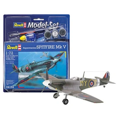 Image of Revell Model Set 64164 Spitfire Mk V 1:72 Scale Unbuilt/Unpainted Plastic Kit with Contacta Professional Glue, Paintbrush &amp; Selected Aqua Color Paints
