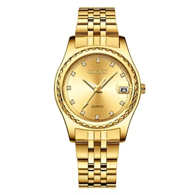 Image of JewelryWe Pair of Watches Quartz Analogue Partner Friendship Watch Date Calendar Stainless Steel Bracelet with Illuminating Hands and Rhinestone Round Dial Gift for Men Women Gold, Gold