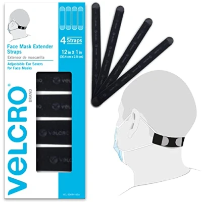Image of VELCRO® Brand Face Mask Extender Straps Comfortable and Adjustable Ear Savers Black 30.4cm x 2.5cm Set of 4