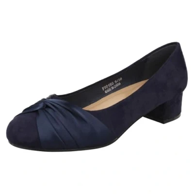 Image of Spot On Ladies Block Heel Wide Fit Formal Satin Bow Court Shoes F90150 Navy Microfibre UK Size 7 EU 40 US 9