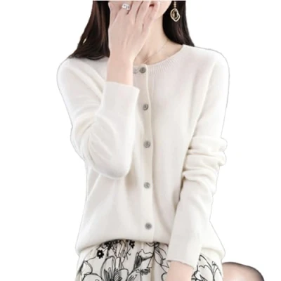 Image of TeysHa Women&#039;s Cashmere Cardigan Sweater,Wool Crew Neck Button Down Long Sleeve Sweater,Soft Warm Knit Elastic Jumpers (White,Medium)