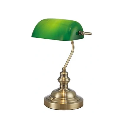 Image of Morgan Bankers Table Lamp 1 Light E27 Antique Brass, Green Glass