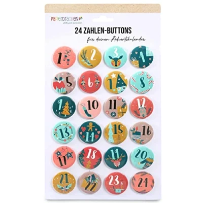 Image of Papierdrachen 24 Advent Calendar Number Buttons 35 mm Lapel Pins for Decorating Calendars with Numbers from 1 Colourful Ideal Fabric Bags, Bags and