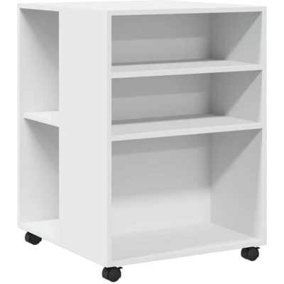 Image of vidaXL White Engineered Wood Side Table with Wheels Modern End/Tea Table, Storage Shelves, Perfect for Living Room, Kitchen, Bedroom 55x60x78 cm