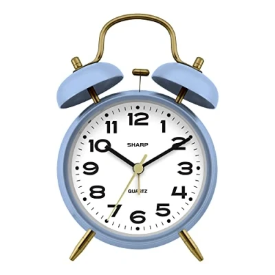 Image of SHARP Twin Bell Alarm Clock, Loud Great for Heavy Sleepers Stylish Matte Finish with Rustic Bronze Accents, Battery Operated (Matte Cornflower Blue)