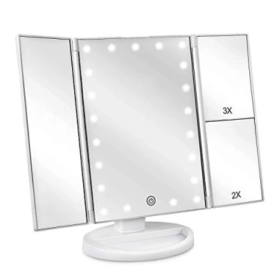 Image of deweisn Lighted Vanity Makeup Mirror with 3X/2X/1X Magnification, 21 LED Lights and Touch Screen Dimmable Mirror, Two power Supply Mode Tabletop mirror,Travel Cosmetic Mirror(Gold)