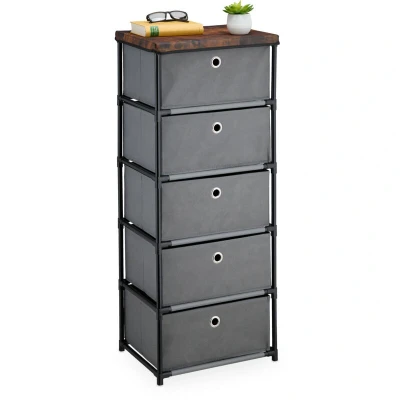 Image of Relaxdays Dresser Storage Unit, 5 Fabric Drawers, Metal, Wood Effect, 105x43x33 cm, Side Table, Organiser, Grey/Brown, Steel