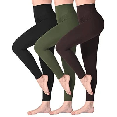 Image of SINOPHANT High Waisted Leggings for Women, Buttery Soft Elastic Opaque Tummy Control Leggings, Plus Size Workout Gym Yoga(Black/ArmyGreen/Brown,S M)