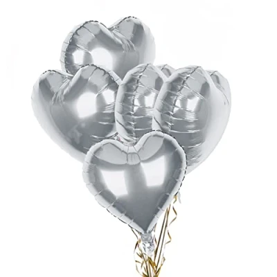 Image of Pack of 5 Silver Heart Balloons, 18&quot; Shape Foil Balloons Helium for Valentines Engagement Bridal Shower Graduation Baby Wedding Anniversary Birthday Party Decorations