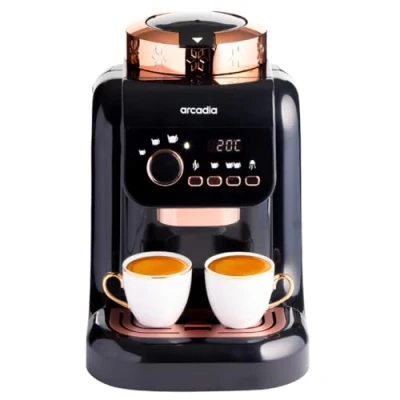 Image of Arcadia Automatic Turkish Coffee Maker, Direct to Cup, Digital Control, LED Display, Brewing Temperature Adjustment, Slow Brew Option, 1 or 2 cups, 1L capacity, Auto Wash, Black, 700W, 3 pin UK Plug