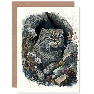 Image of Artery8 Wild Cat in Rock Cavity with Wildflowers Detailed Watercolour Illustration Art Birthday Sealed Greeting Card Plus Envelope Blank inside