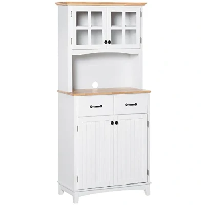 Image of HOMCOM Freestanding Kitchen Cupboard, Storage Cabinet with Framed Glass Doors, 2 Drawers, Microwave Counter, White