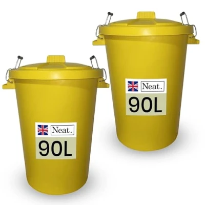 Image of Neat. 90L Bin Coloured Large Plastic Bins, Heavy Duty Kitchen with Metal Handle, Dustbin Lid For Easy Refusal Garden Indoor Outdoor Rubbish Waste or Storage of Animal Feed, Yellow 2Pack