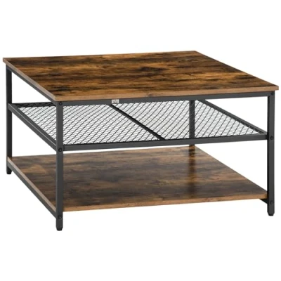Image of HOMCOM Coffee Table, Living Room Table with 3 Tier Storage Shelves, Square Tea for Home Office, Rustic Brown