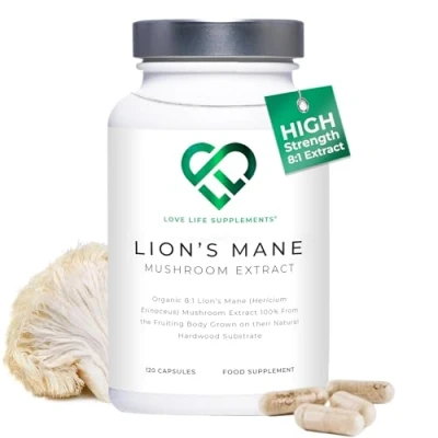 Image of Lions Mane Supplement High Strength Premium Organic 8:1 Mushroom Extract from Fruiting Body 120 Capsules, 60 Day Supply No Fillers
